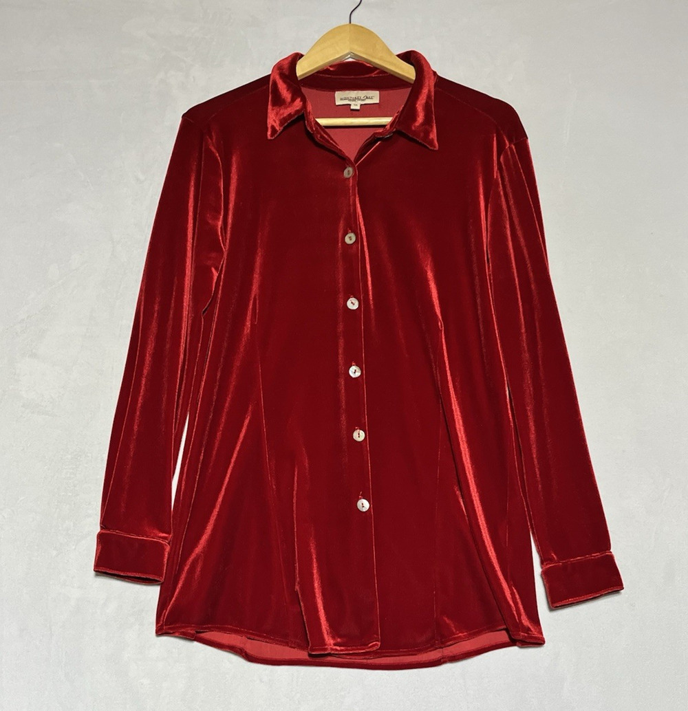 Monterey Bay Velvet Blouse Shirt Womens M Red Button Up Collared Top